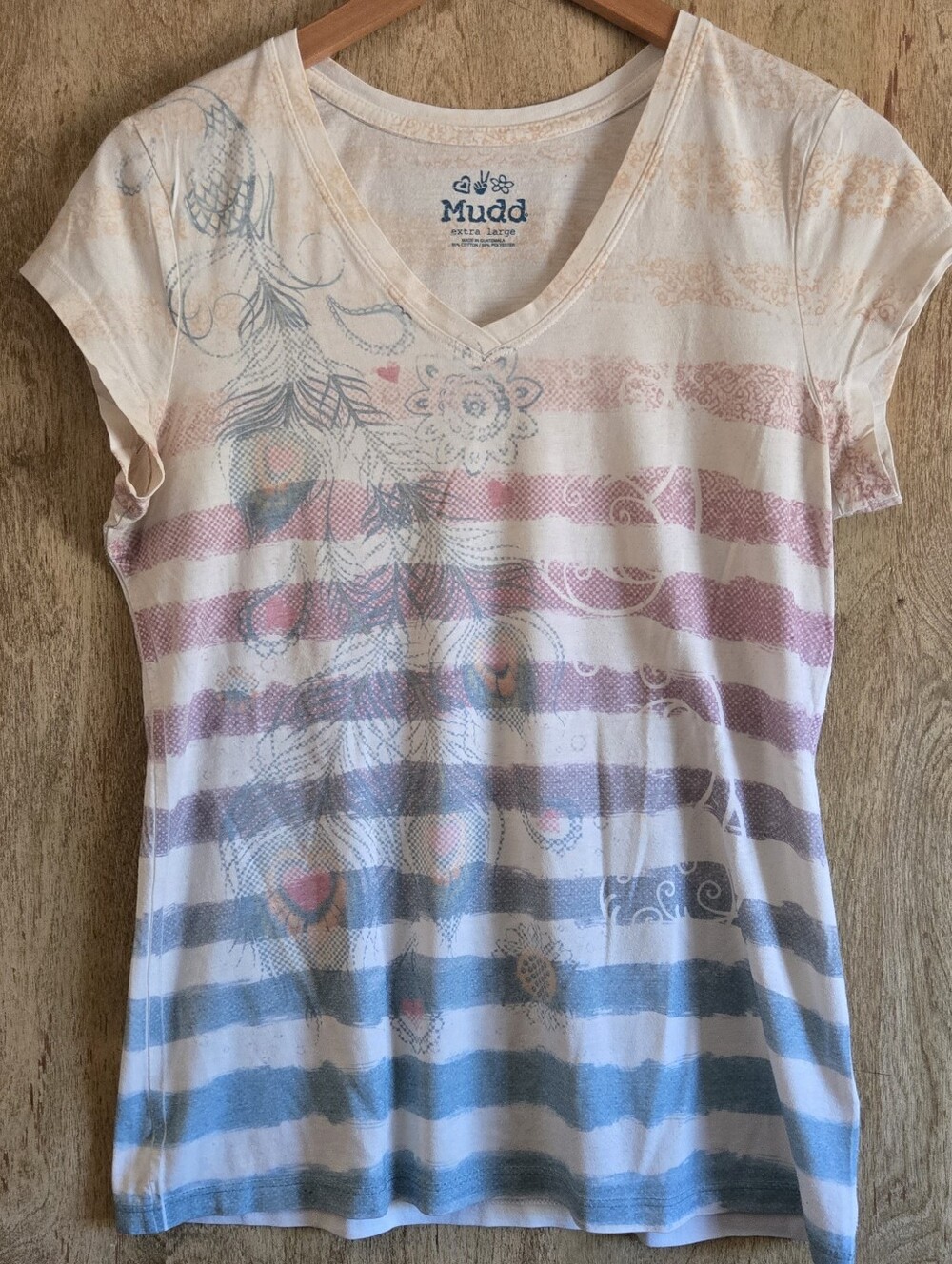 Vintage Y2K Mudd Striped Peacock Feather Graphic Tee